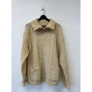 Gaeltarra Sweater Womens 44 Large White Wool Aran Cable Knit Full Zip Ireland